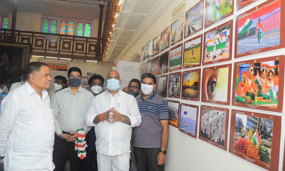 MLA Maladi Vishnu at the exhibition organised on the national flag in Vijayawada on Wednesday