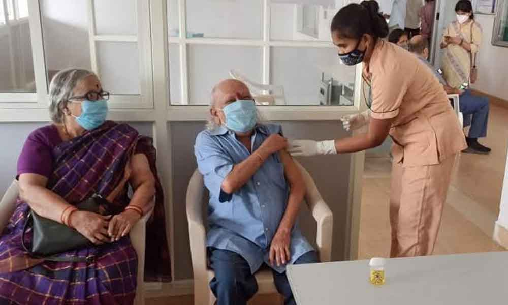 A senior citizen getting vaccinated at GIMSR hospital in Visakhapatnam