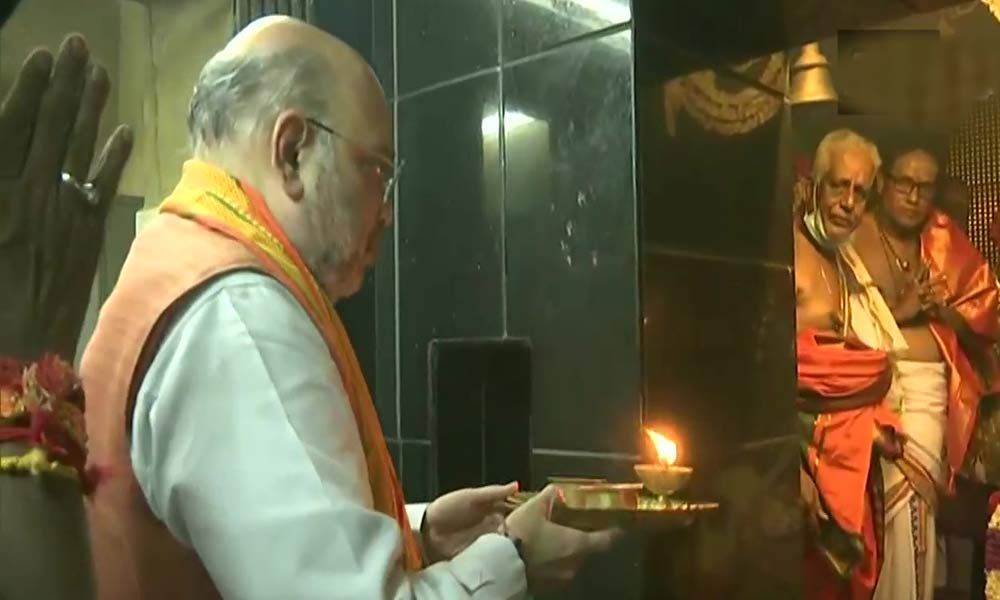 Amit Shah offers prayers at Sithananda Temple, holds roadshow in Puducherry
