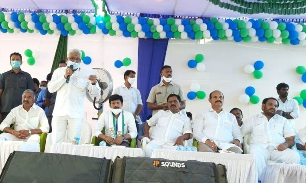 TTD Chairman Y V Subba Reddy addressing a public meeting at Golagamudi on Thursday. YSRCP Tirupati Lok Sabha candidate Dr M Gurumoorthy and Deputy Chief Minister K Narayana Swamy are also seen