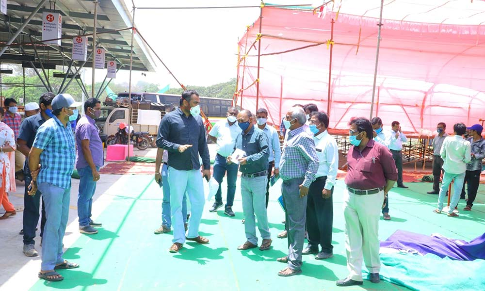 District Collector RV Karnan inspecting the arrangements for the inauguration of RTC bus stand, in Khammam on Thursday