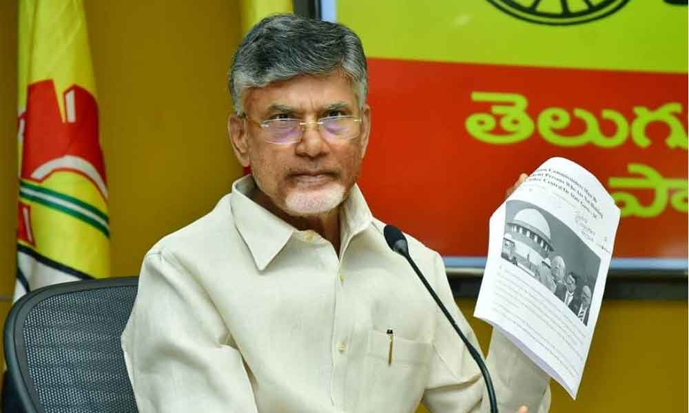 TDP chief N Chandrababu Naidu addressing a press conference at party state office in Mangalagiri on Friday