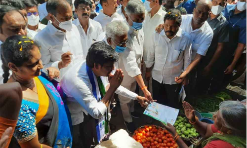 YSRCP MP candidate Dr M Gurumoorthy campaigning at Korlagunta in Tirupati on Friday. TTD Chairman Y V Subba Reddy is also seen