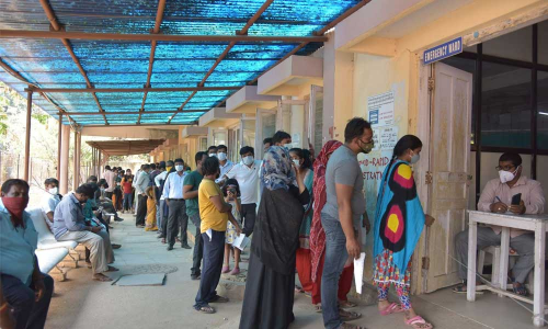 No social distance being maintained by people despite pleas by staff at Koranti Fever Hospital in Nallakunta. 	Photos: Srinivas Setty