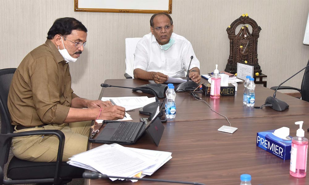 Chief Secretary Somesh Kumar conducting a teleconference with the municipal officials in Hyderabad on Saturday