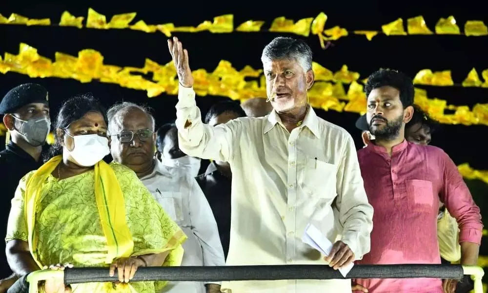 TDP chief N Chandrababu Naidu addressing a road show in Sullurpet on Saturday