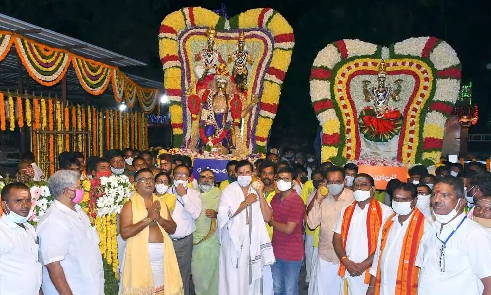 Srisailam Temple Executive Officer K S Rama Rao participating  in Ganapathi Puja as part of inaugurating the five-day  Ugadi Utsavams on Saturday.