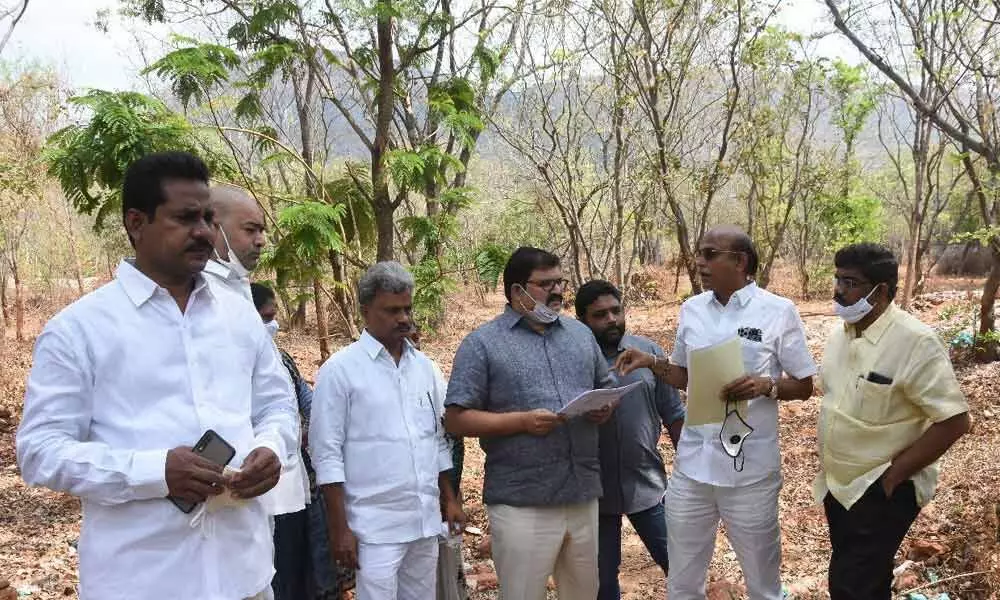 TDP leaders visit the site allotted for construction of childrens hospital in Tirupati, on Saturday