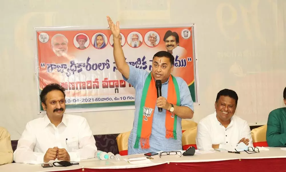 BJP National Secretary and AP co-Incharge Sunil Deodhar addressing a meet on social justice in politics in Tirupati on Saturday. Rajya Sabha Member G V L Narasimha Rao and others seen.