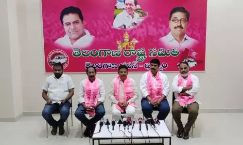 Khammam district ZP Chairman L Kamal Raj, TRS leaders Bachu Vijay Kumar, RJC Krishna interacting with the media persons on Saturday in  district party office at Khammam.