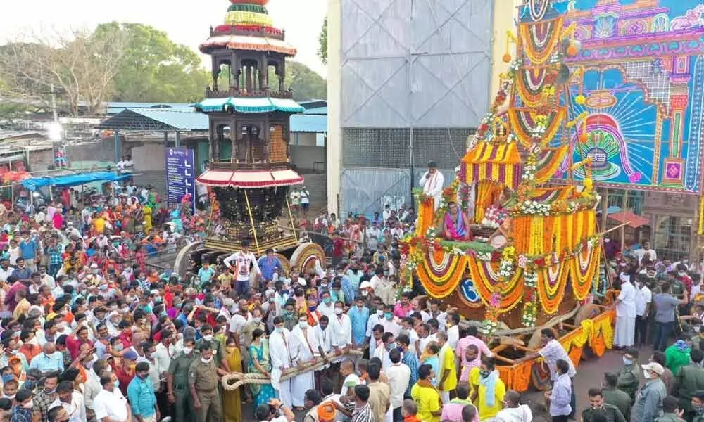 Prabhas decorated with 11 varieties of flowers taken out in a procession as part of Prabhotsavam organised to mark Ugadi Utsavams in Srisailam on Monday