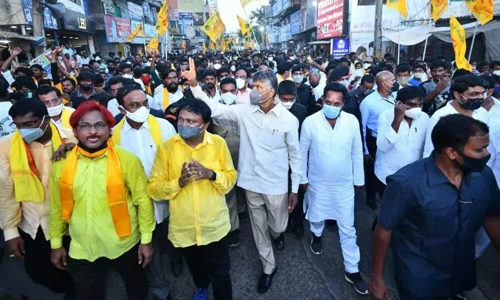 TDP national president  N Chandrababu Naidu taking part in a road show at Gudur in Nellore district on Tuesday