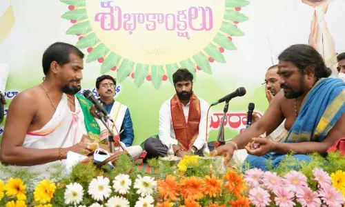 Vedic pundits blessing MP M Bharat Ram at his office  in Rajamahendravaram on Tuesday