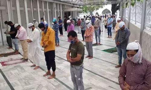 Muslims praying by following social distance in a Masjid in Nizamabad on Tuesday