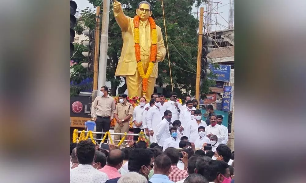 Transport Minister Puvvada Ajay Kumar after unveiling Ambedkar’s statue in Khammam on Wednesday