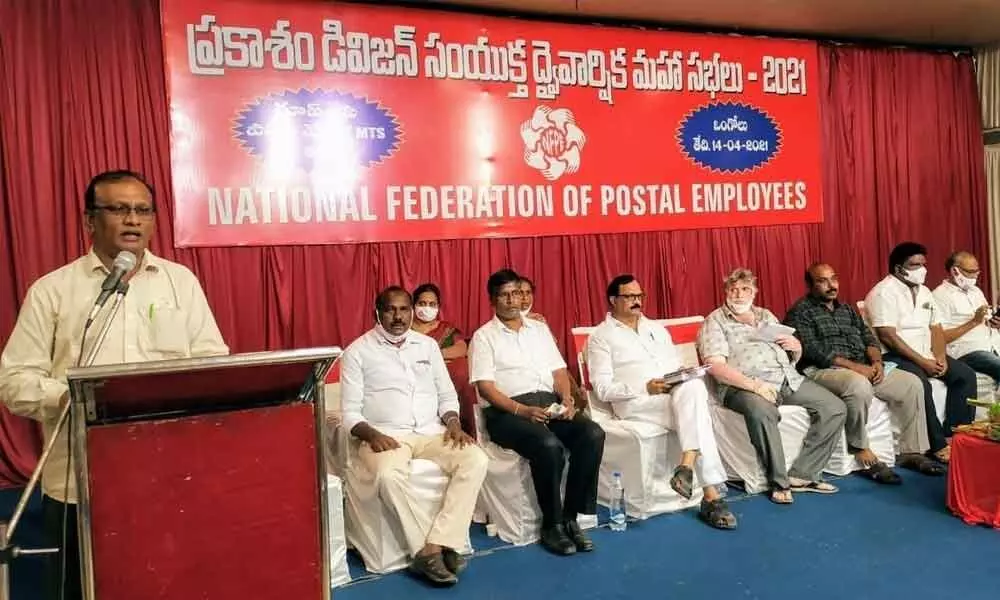 The GDS national general secretary P Panduranga Rao speaking at the NFPE Ongole division biennial meeting in Ongole on Wednesday