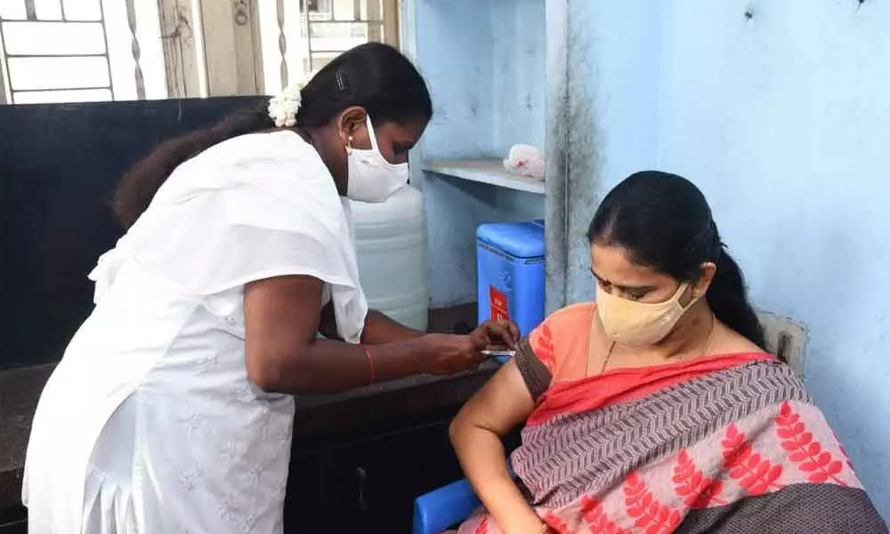 A woman being inoculated as part of Tika Utsav in Chittoor on Wednesday