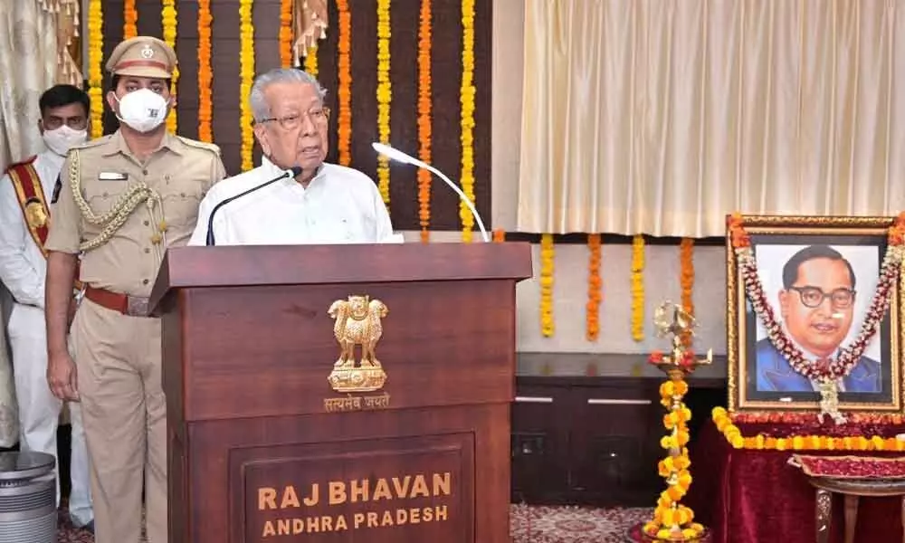 Governor Biswa Bhusan Harichandran addressing a meeting on the occasion of the birth anniversary of Dr B R Ambedkar