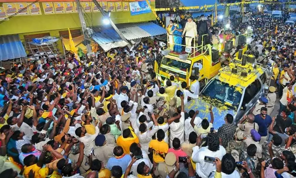 TDP national president N Chandrababu Naidu holding a road show at Satyavedu in Chittoor district on Wednesday.
