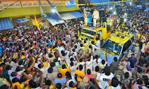 TDP national president N Chandrababu Naidu holding a road show at Satyavedu in Chittoor district on Wednesday.