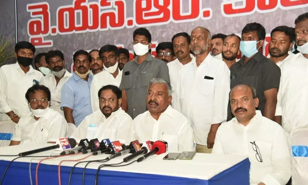 Minister for Panchayat Raj and Rural Development Peddireddi Ramachandra Reddy speaking to reporters in Tirupati on Thursday