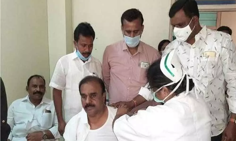 MLA Anantha Venkatarami Reddy being vaccinated at GGH in Anantapur