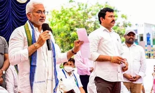 Rajya Sabha MP V Vijayasai Reddy addressing a gathering in Visakhapatnam on Friday.