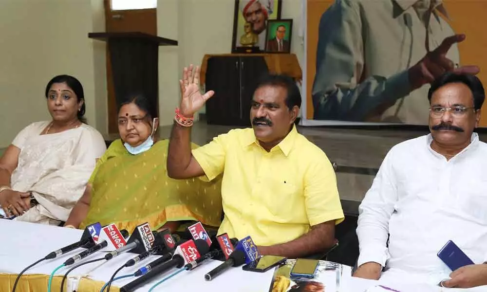 TDP MLA N Rama Naidu, party candidate contesting Tirupati Lok Sabha bypoll Panabaka Lakshmi speaking to reporters in Tirupati on Sunday