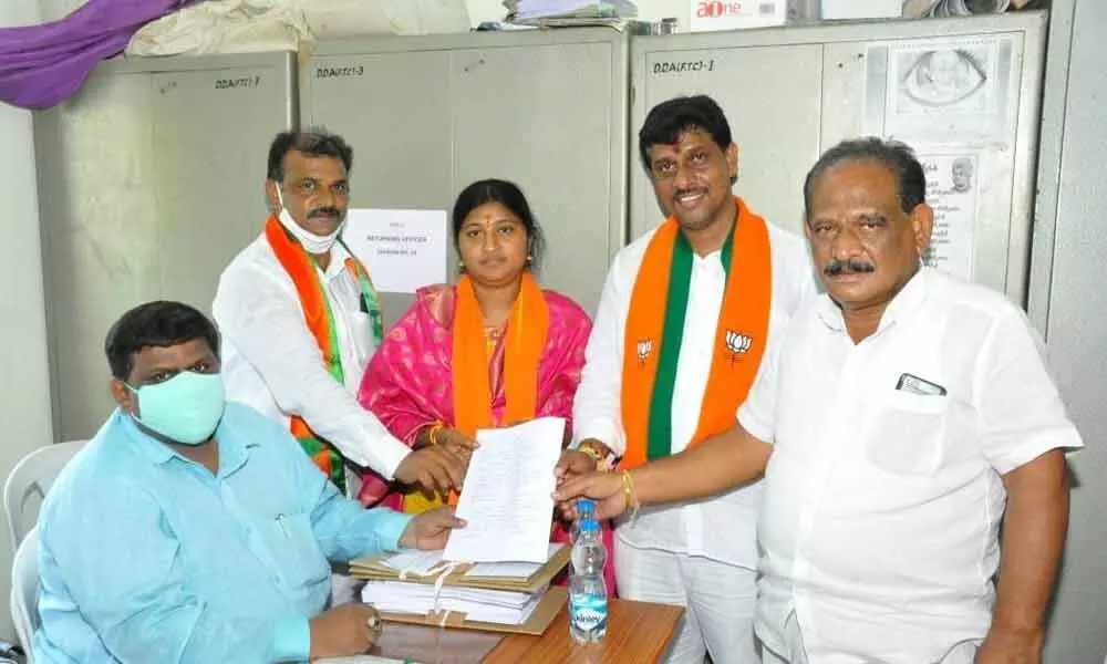 BJP candidates filling nominations on the last day in Khammam on Sunday