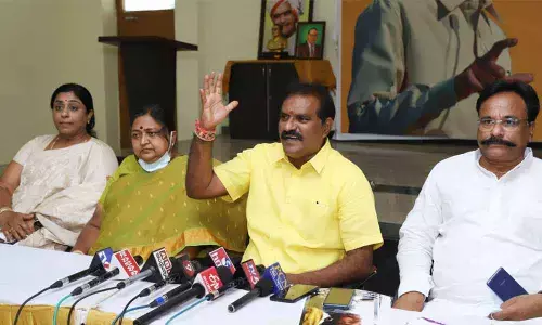 TDP MLA N Rama Naidu, party candidate contesting Tirupati Lok Sabha bypoll Panabaka Lakshmi speaking to reporters in Tirupati on Sunday