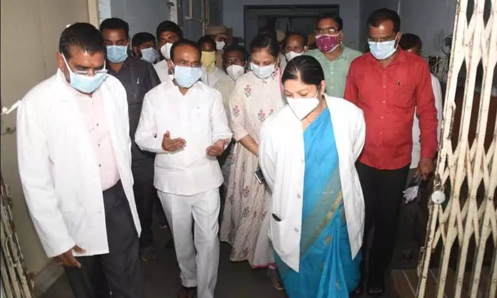 Health Minister Eatala Rajender inspecting the MGM Hospital in Warangal on Monday