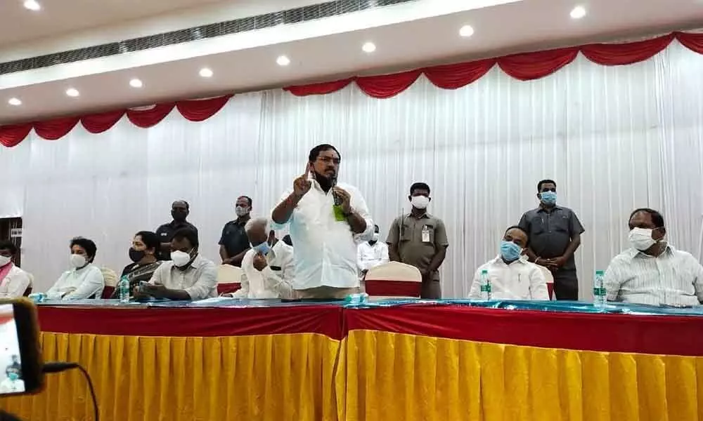 Panchayat Raj Minister Errabelli Dayakar Rao speaking at a party meeting in Warangal on Monday