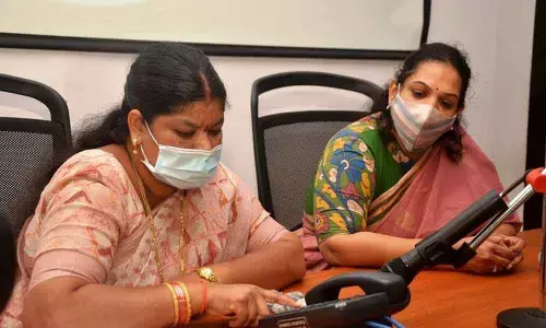 GVMC Mayor Golagani Hari Venkata Kumari and Municipal Commissioner G Srijana at ‘Dial your Mayor’ programme held in Visakhapatnam on Monday