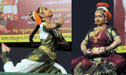 Satwika performing Kuchipudi dance at Ghantasala Venkateswara Rao Government College of Music and Dance in Vijayawada  on Sunday ( Hans photo Ch Venkata Mastan) ; M Sai Chandrika performing Kuchipudi dance at Ghantasala Venkateswara Rao Government College of Music and Dance in Vijayawada  on Sunday  ( Hans photo Ch Venkata Mastan)