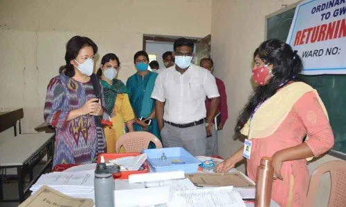 General Observer for the GWMC polls, Christina Z Chongthu inspecting the scrutiny process in Warangal on Monday