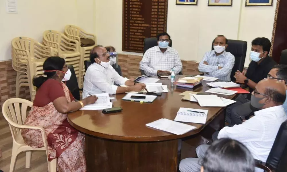 Collector M Hari Jawaharlal holding a meeting with officials in Vizianagaram on Tuesday