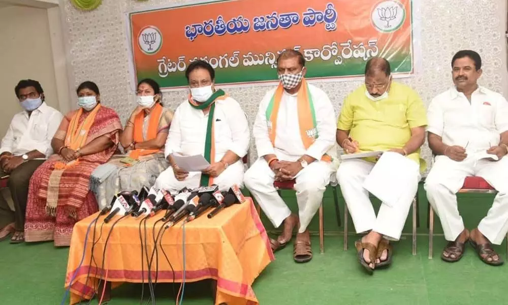 Former MP and BJP in-charge for the elections to Greater Warangal Municipal Corporation AP Jithender Reddy speaking to media persons in Warangal on Tuesday