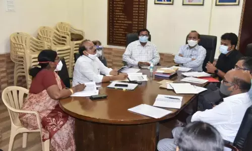 Collector M Hari Jawaharlal holding a meeting with officials in Vizianagaram on Tuesday