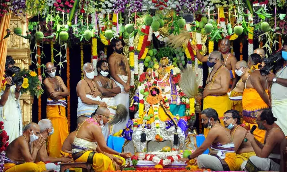 Priests performing celestial wedding of Lord Rama with His Consort Sita at Beda mandapam in Sri Sita Ramchandra Swamy temple in Bhadrachalam on Wednesday