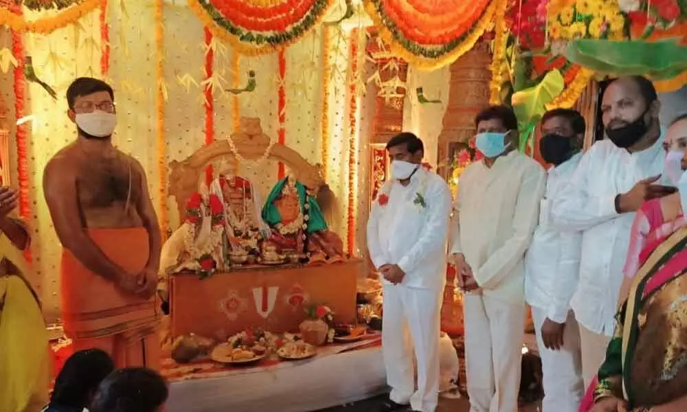 Energy Minister G Jagadish Reddy at Sri Sita Rama Kalyanam at Vedanta Bhajan Mandir in Suryapet