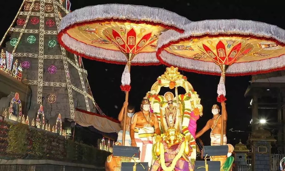 Lord Sri Rama taken out in a procession on Hanumantha vahanam to mark the Rama Navami celebrations at Sri Kodandarama Swamy temple in Tirupati on Wednesday