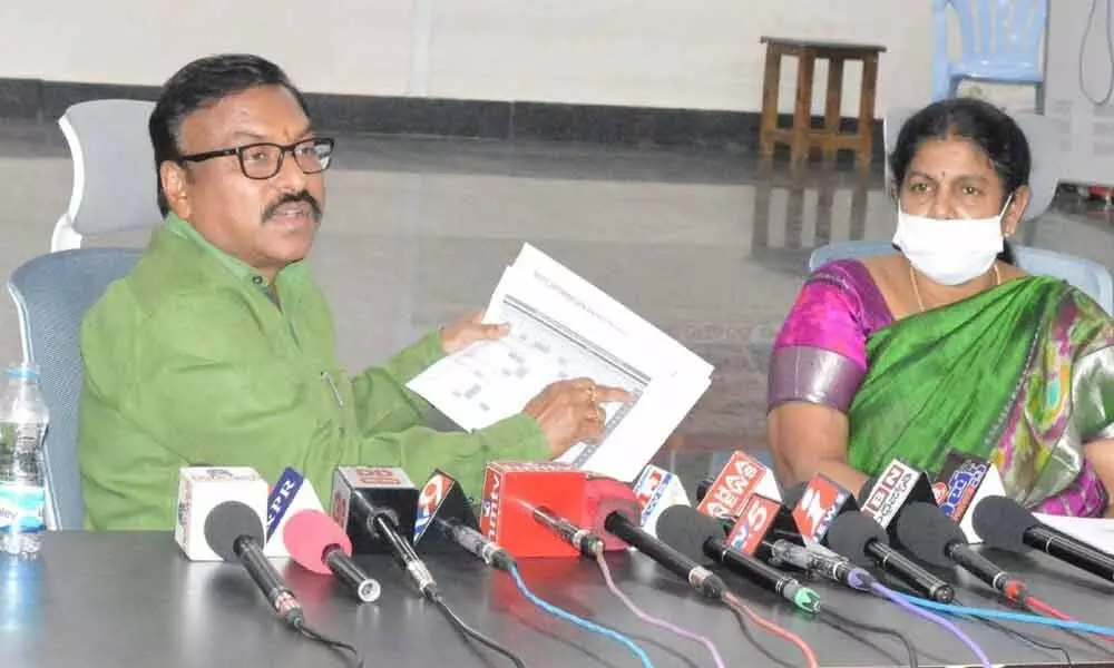 Collector Dr Pola Bhaskara and DMHO Dr P Ratnavali explaining the Covid situation in Prakasam district at Collectorate in Ongole on Wednesday