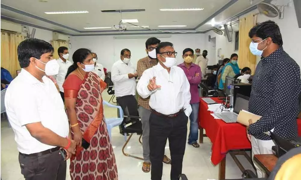 Collector Dr Pola Bhaskara inspecting the Covid Control Room in Ongole on Thursday