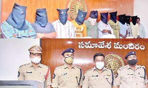 Arrested cricket betting gang members(Top); Krishna district SP Ravindranath Babu addressing the media in Machilipatnam on Thursday(Bottom)
