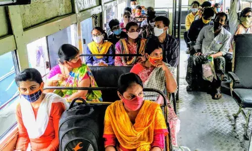 assengers sitting side by side in RTC buses in Ongole