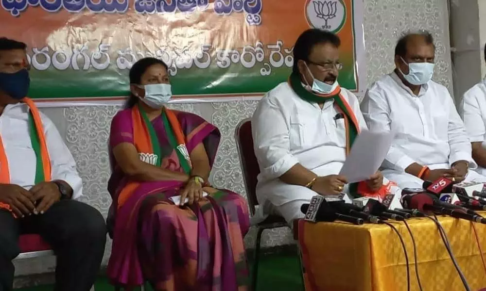 Former MP and party in-charge for the GWMC polls AP Jithender Reddy speaking to media persons in Warangal on Friday
