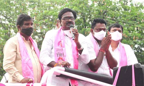 Transport Minister P Ajay Kumar addressing the gathering at a rally in Khammam on Friday