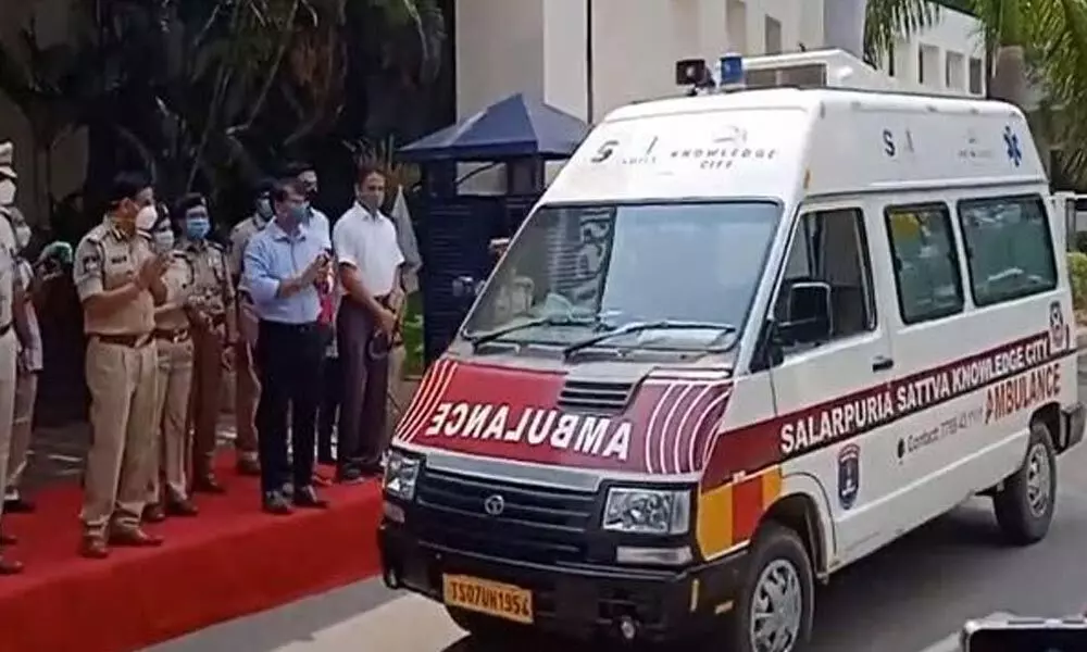 Cyberabad Police Commissioner VC Sajjanar and others during the launch of ambulance services at the Commissionerate office in Gachibowli on Saturday