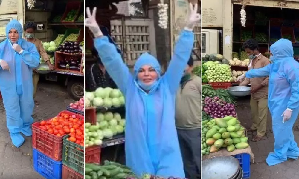 Rakhi Sawant spotted with a PPE kit in Veggies market