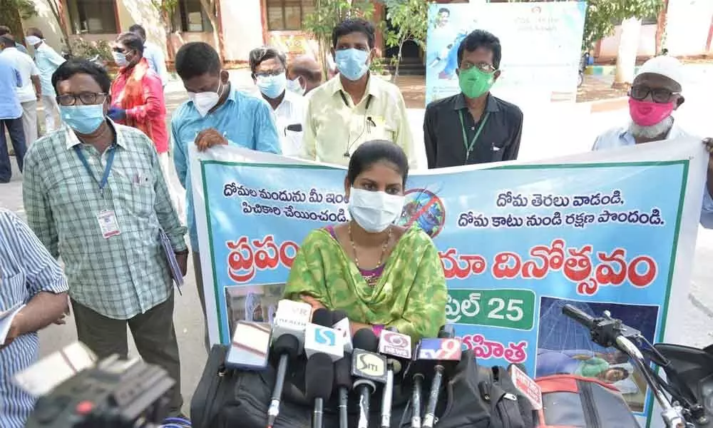 District Malaria Officer Dr A Gnana addressing the media at DMHO office in Guntur on Sunday